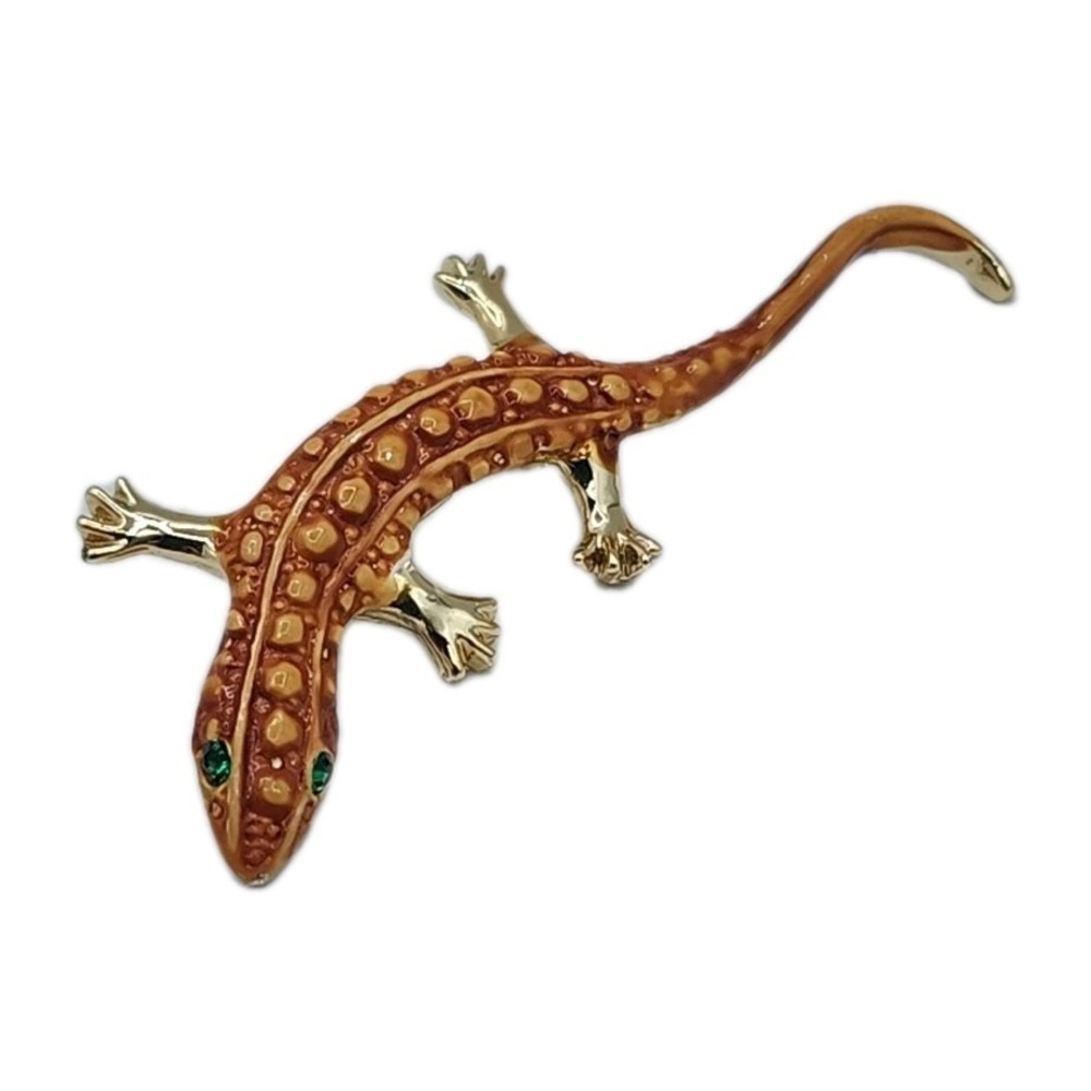 Salamander Gecko Lizard Reptile Vintage Gold Tone Green Rhinestone Eyes Brooch